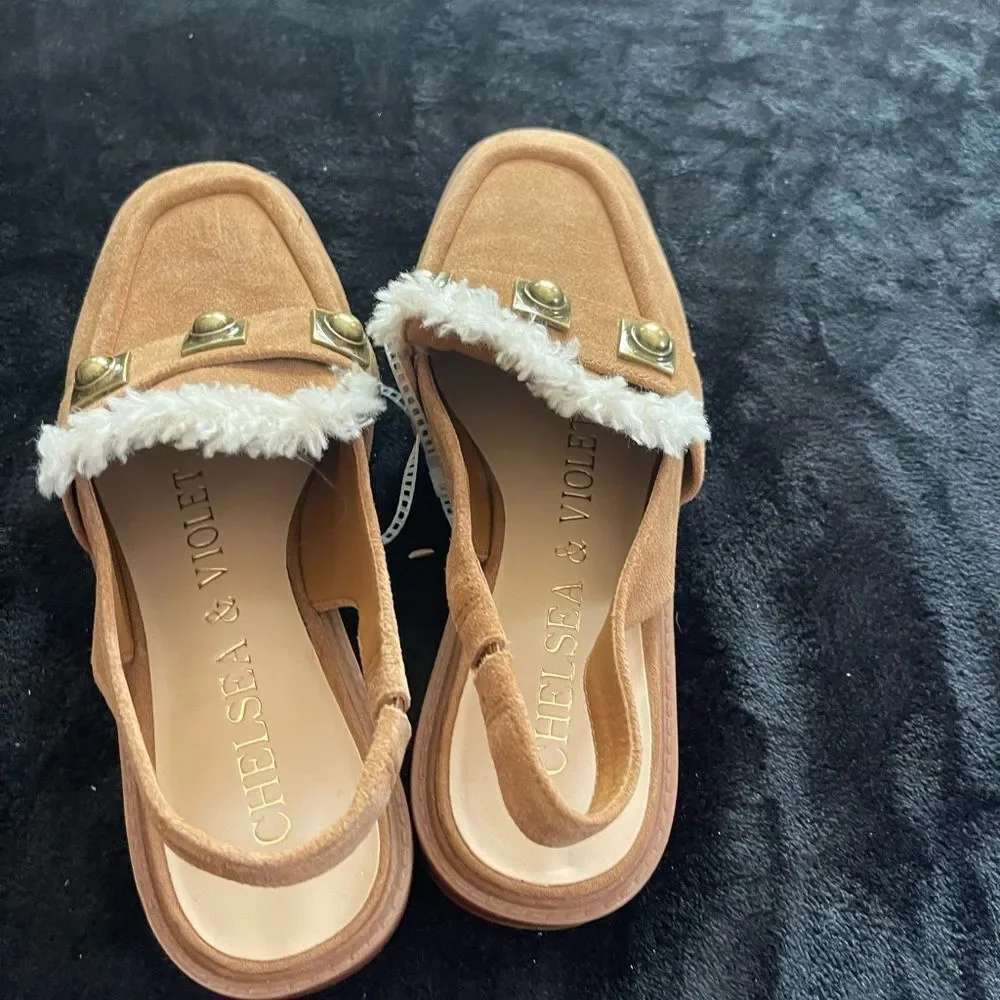 Chelsea & Violet tan suede sling‎ back mules, new without tags, size 7